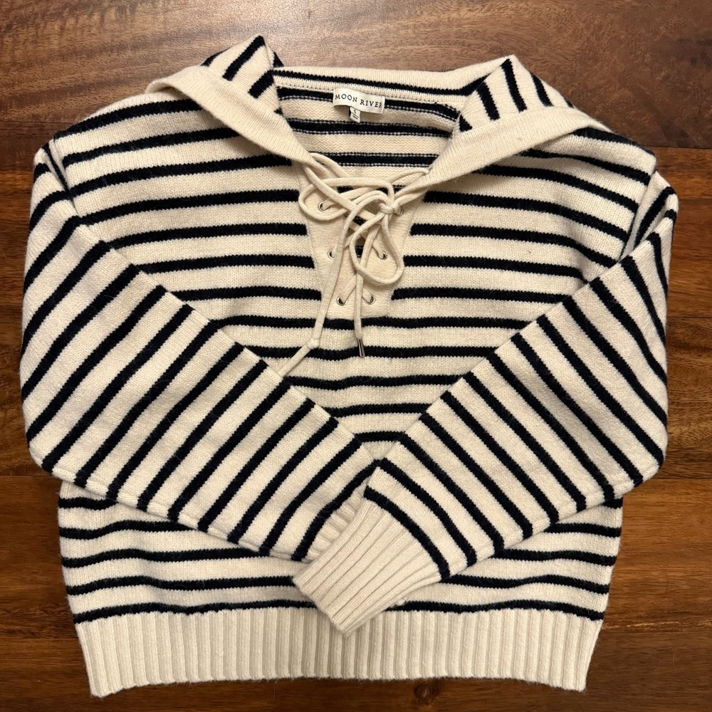Moon River Anthropologie Navy and Cream Striped Sweater